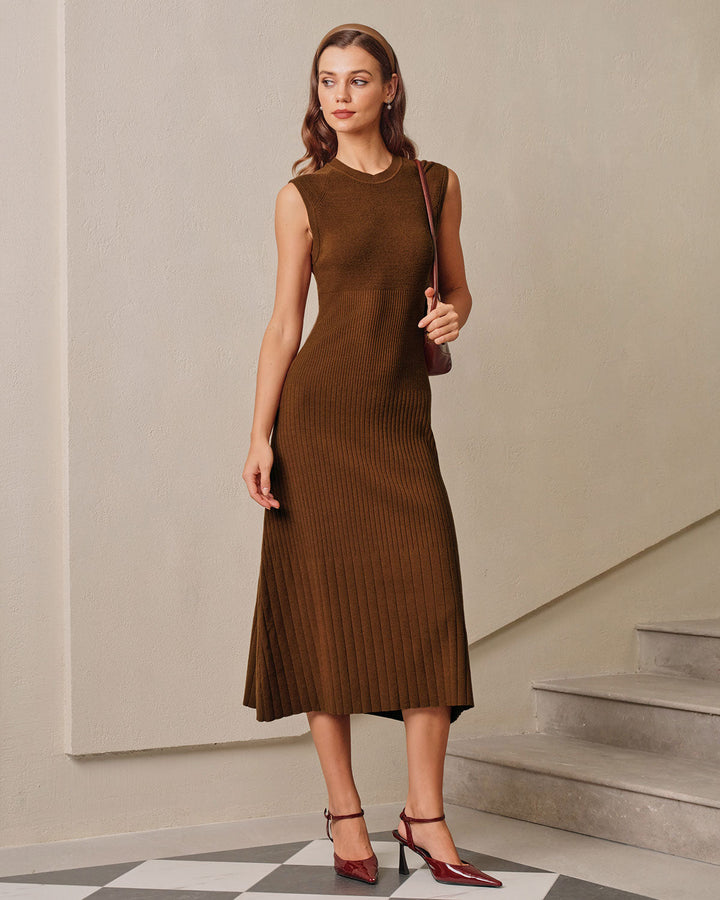 SALE | Brown A-Line Sleeveless Sweater Dress