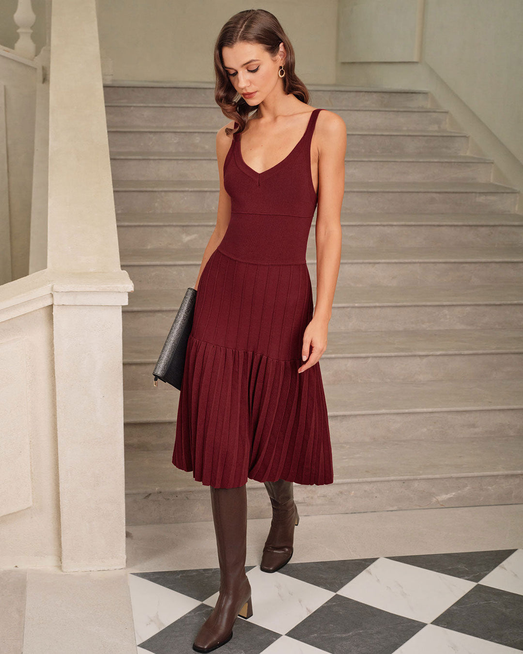 SALE | Wine Red Ruched A-Line Sweater Dress