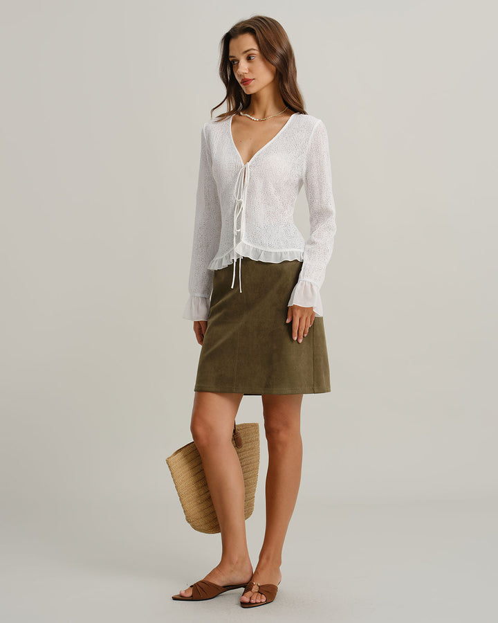 SALE | White V-neck cardigan with ruffled accents and elegant poet sleeves