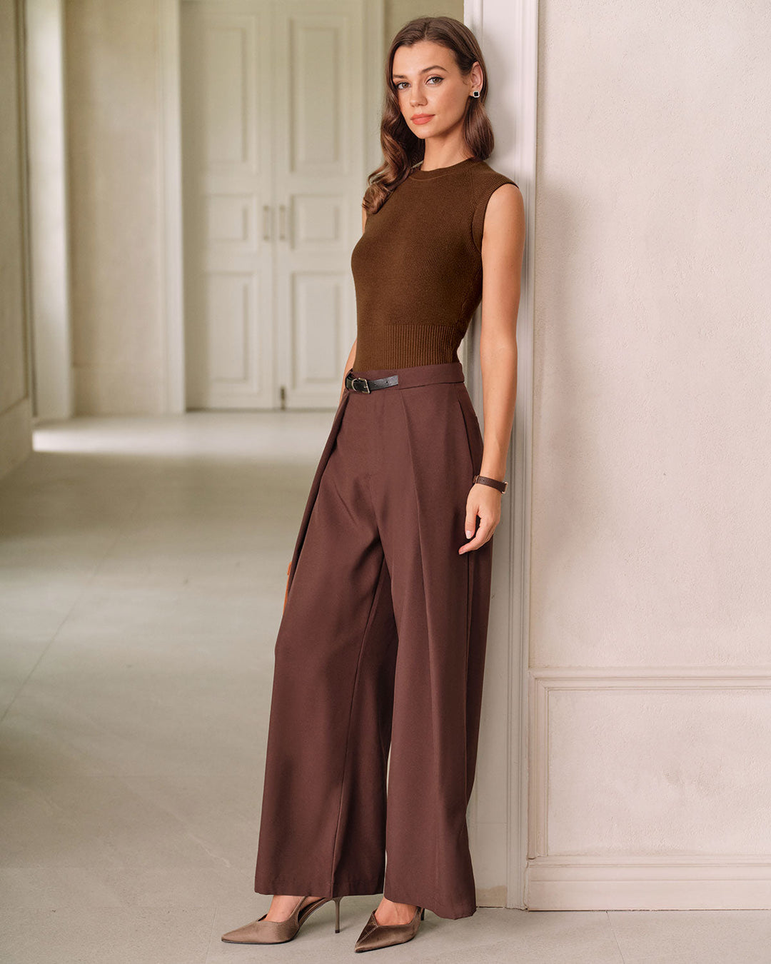 SALE | Brown Round Neck Knit Tank Top