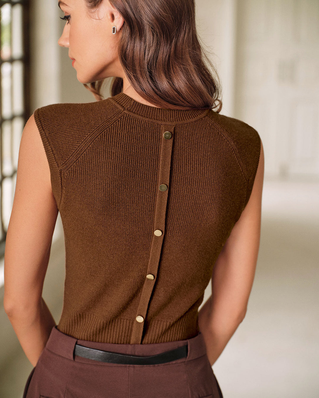 SALE | Brown Round Neck Knit Tank Top