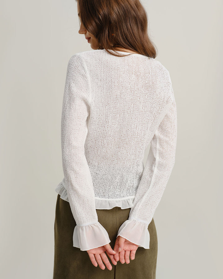 SALE | White V-neck cardigan with ruffled accents and elegant poet sleeves