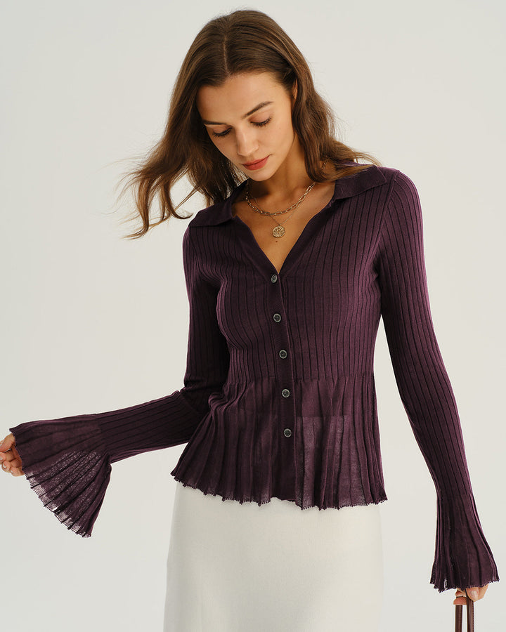 SALE | Online Purchase of Purple Cardigan with Pockets, Beautiful Buttons, and Ribbed Knit