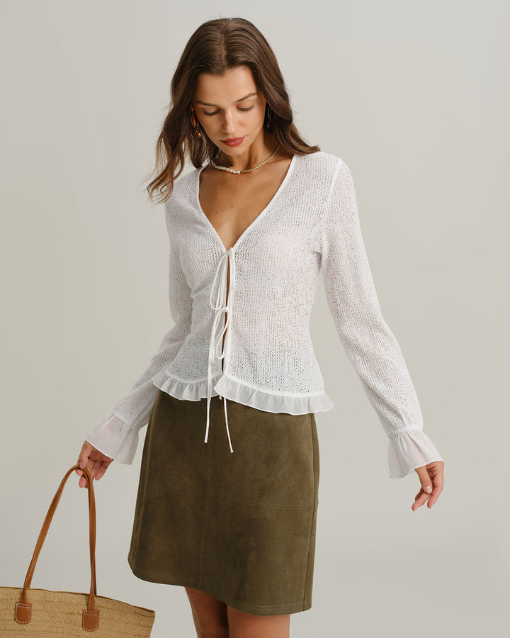 SALE | White V-neck cardigan with ruffled accents and elegant poet sleeves