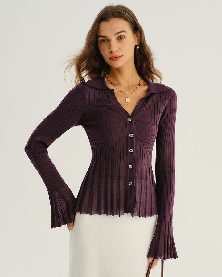 SALE | Online Purchase of Purple Cardigan with Pockets, Beautiful Buttons, and Ribbed Knit