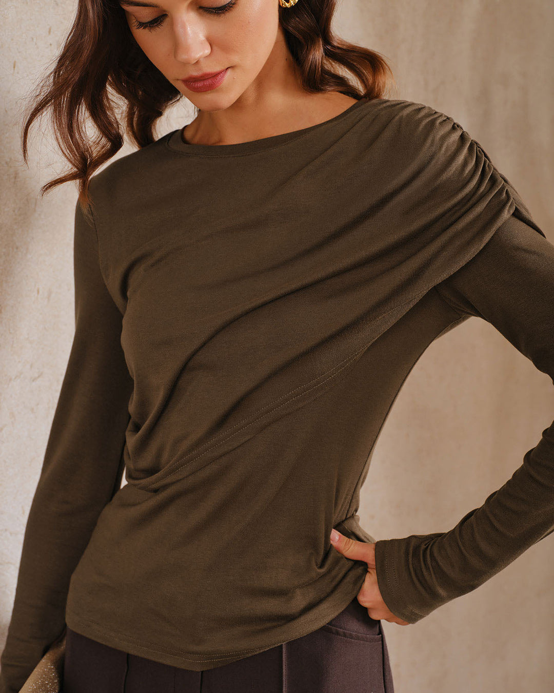 SALE | Brown Ruched Slim Knit Tee