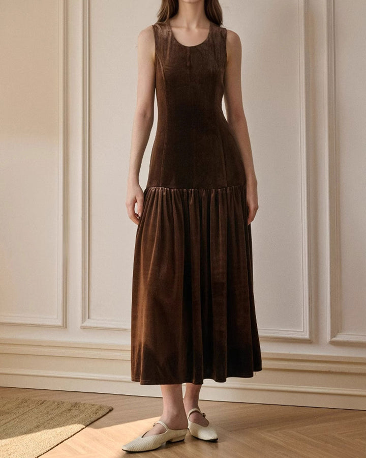 SALE | Coffee Velour A-Line Sleeveless Maxi Dress
