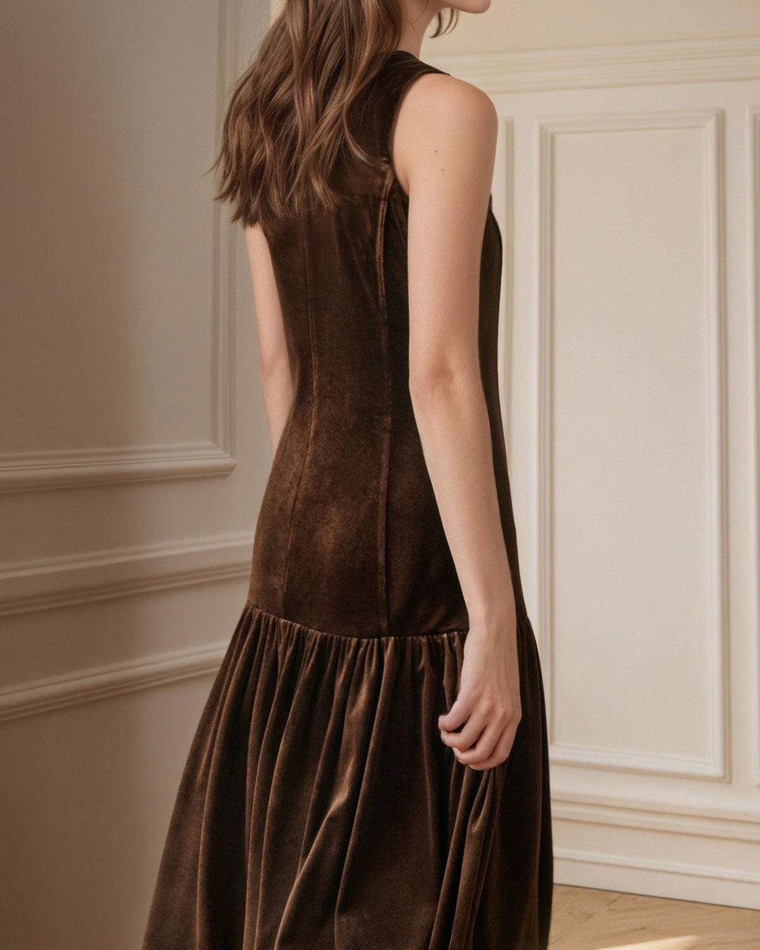 SALE | Coffee Velour A-Line Sleeveless Maxi Dress