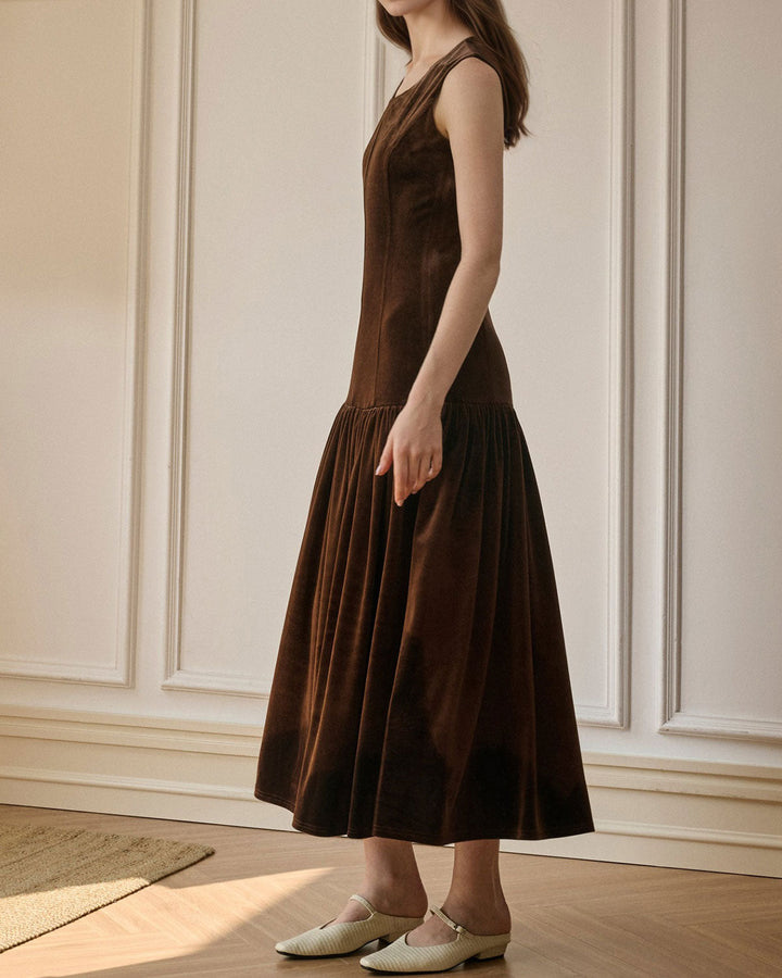 SALE | Coffee Velour A-Line Sleeveless Maxi Dress
