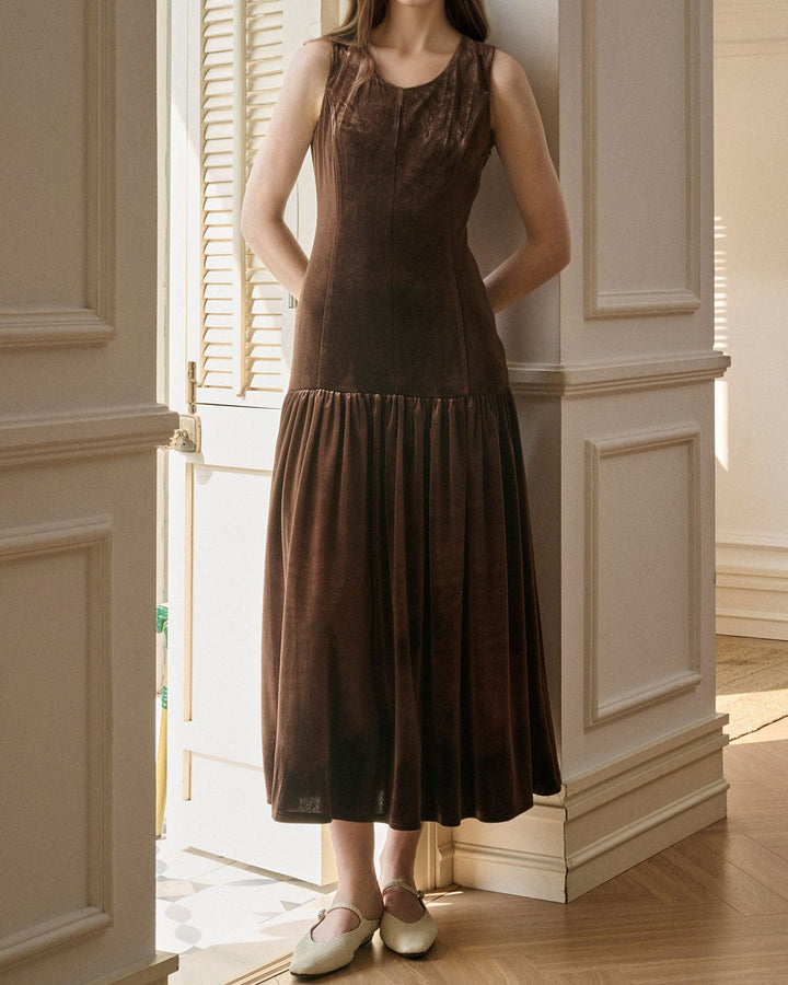 SALE | Coffee Velour A-Line Sleeveless Maxi Dress