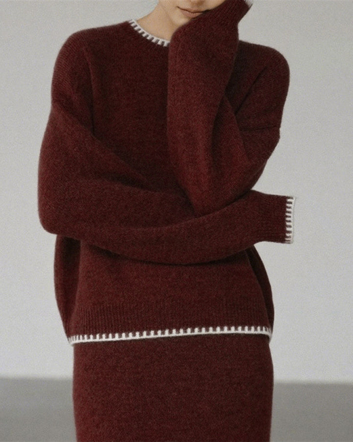 SALE | Wine Red Round Neck Knit Skirt Suit