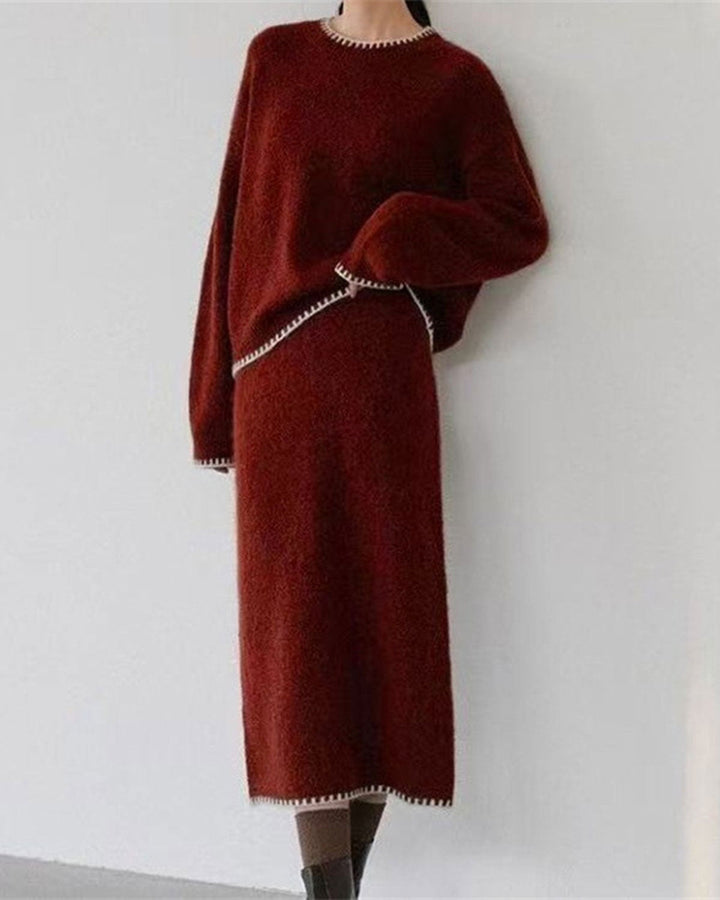 SALE | Wine Red Round Neck Knit Skirt Suit