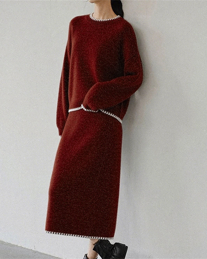 SALE | Wine Red Round Neck Knit Skirt Suit