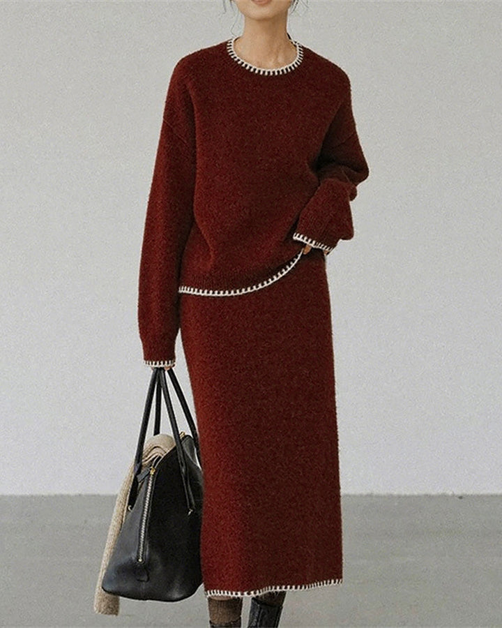 SALE | Wine Red Round Neck Knit Skirt Suit