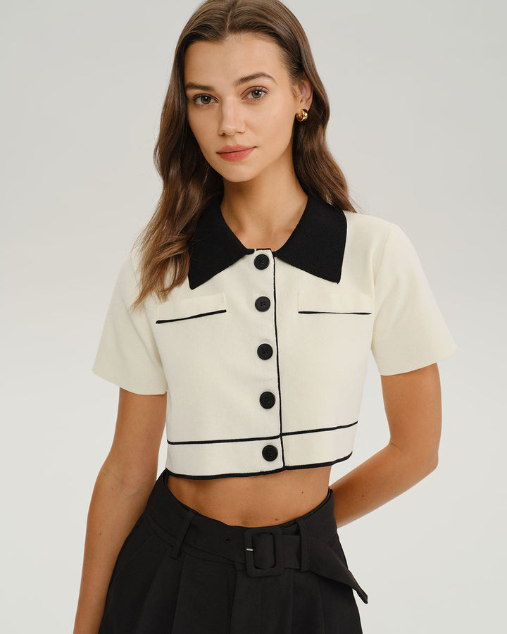 SALE | Beige Contrasting Single Breasted Cropped Cardigan