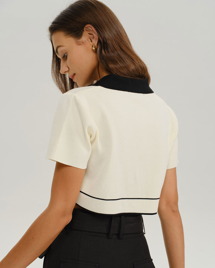 SALE | Beige Contrasting Single Breasted Cropped Cardigan