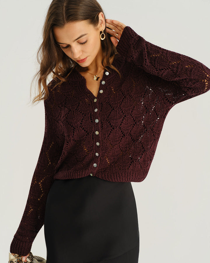 SALE | Wine Red Knitted Cardigan with Single-Breasted Buttons for a Stylish and Casual Look
