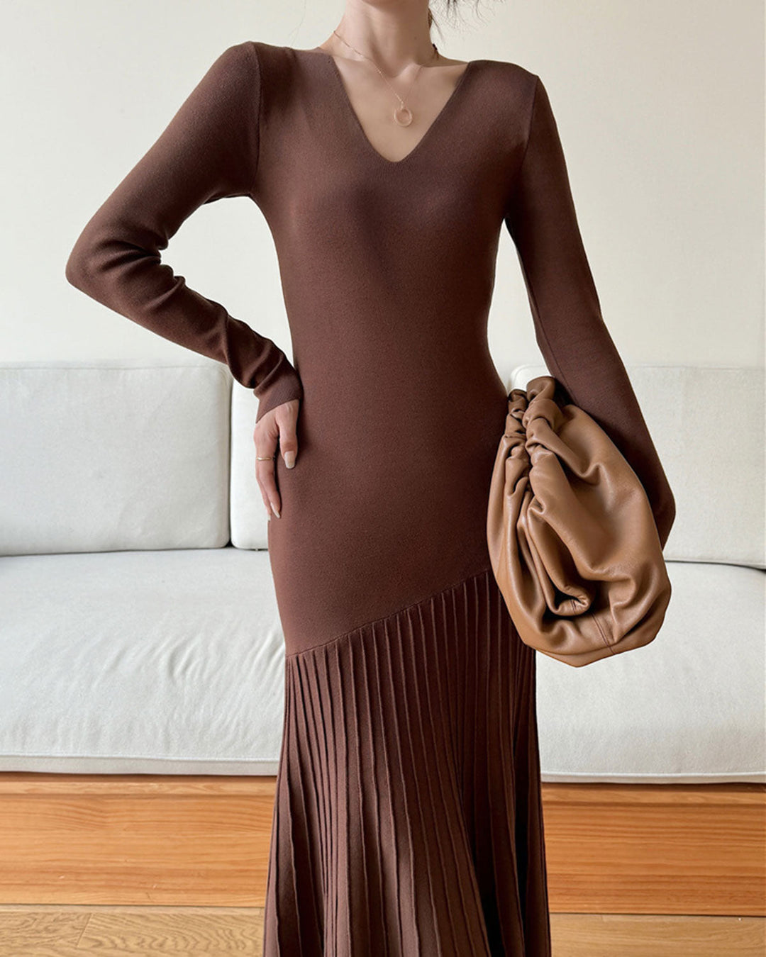 SALE | Coffee Scoop Neck Bodycon Sweater Dress