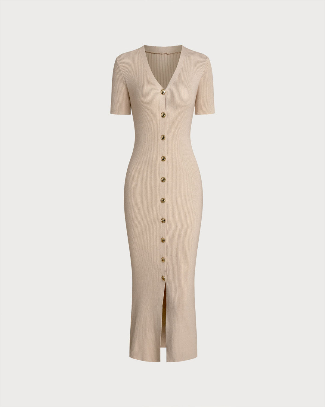SALE | Fitted knit dress with V-neck and apricot accents