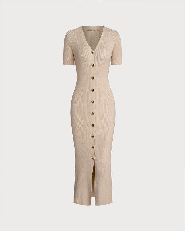 SALE | Fitted knit dress with V-neck and apricot accents