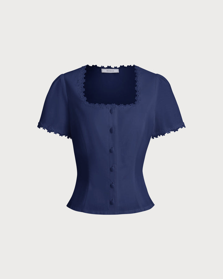 SALE | Navy Square Neck Button Blouse
