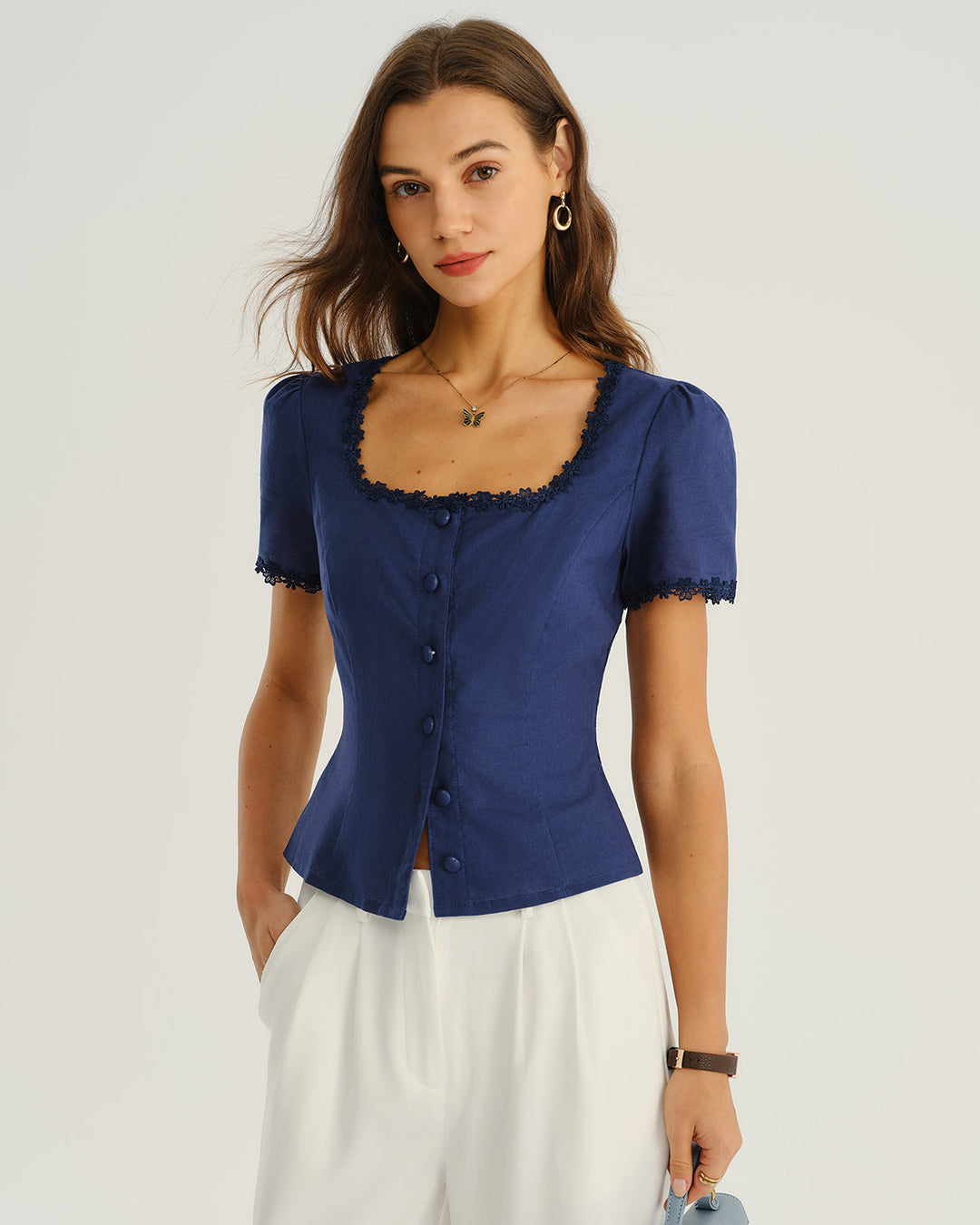 SALE | Navy Square Neck Button Blouse