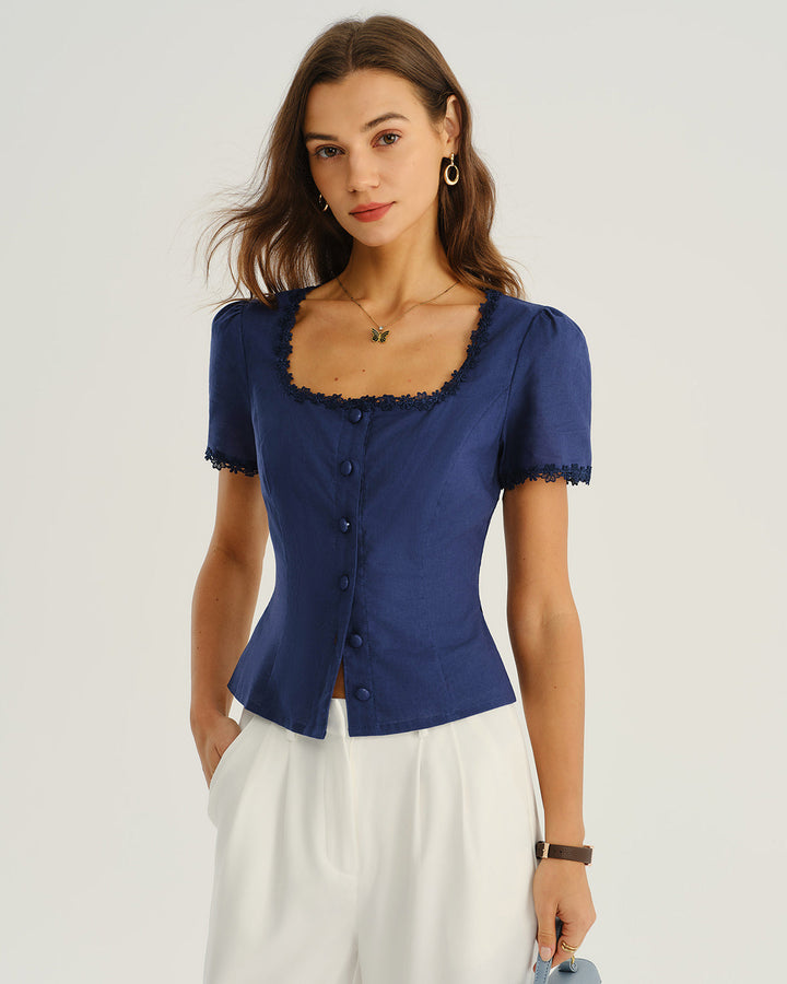SALE | Navy Square Neck Button Blouse