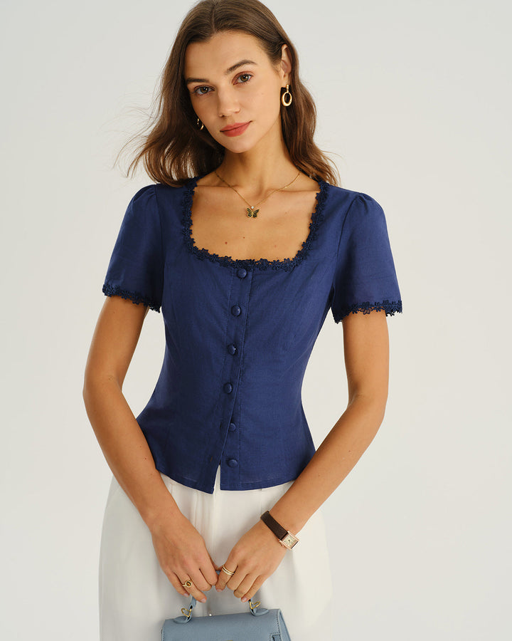 SALE | Navy Square Neck Button Blouse