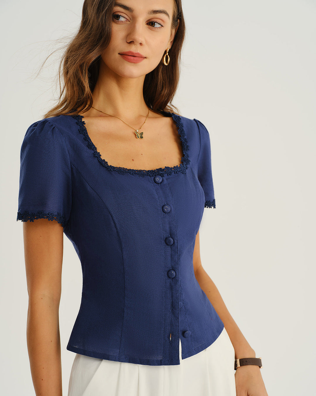 SALE | Navy Square Neck Button Blouse