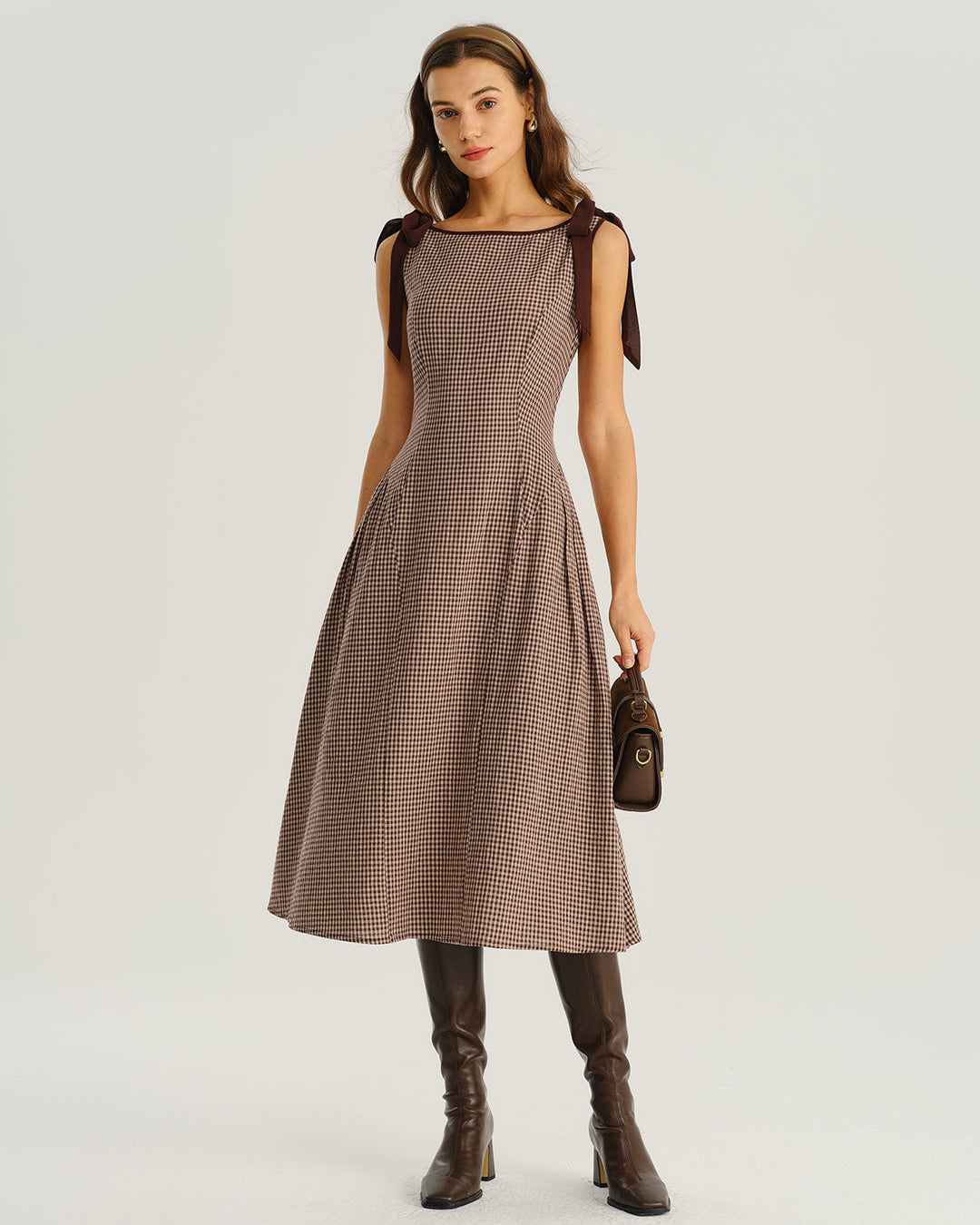 SALE | Brown Plaid Boat Neck A-Line Midi Dress