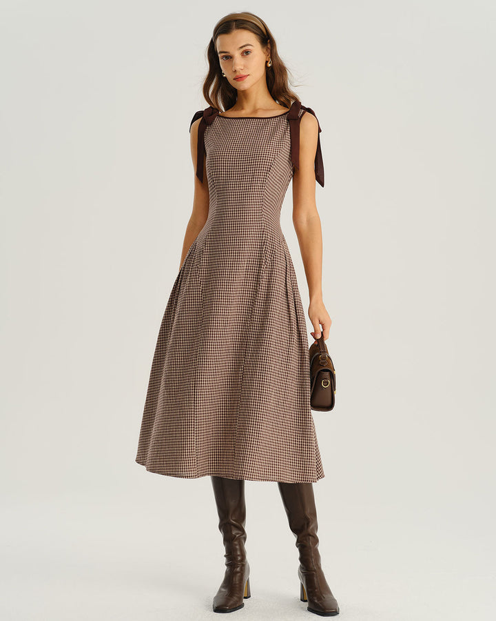 SALE | Brown Plaid Boat Neck A-Line Midi Dress