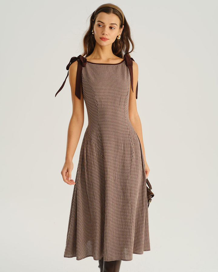 SALE | Brown Plaid Boat Neck A-Line Midi Dress