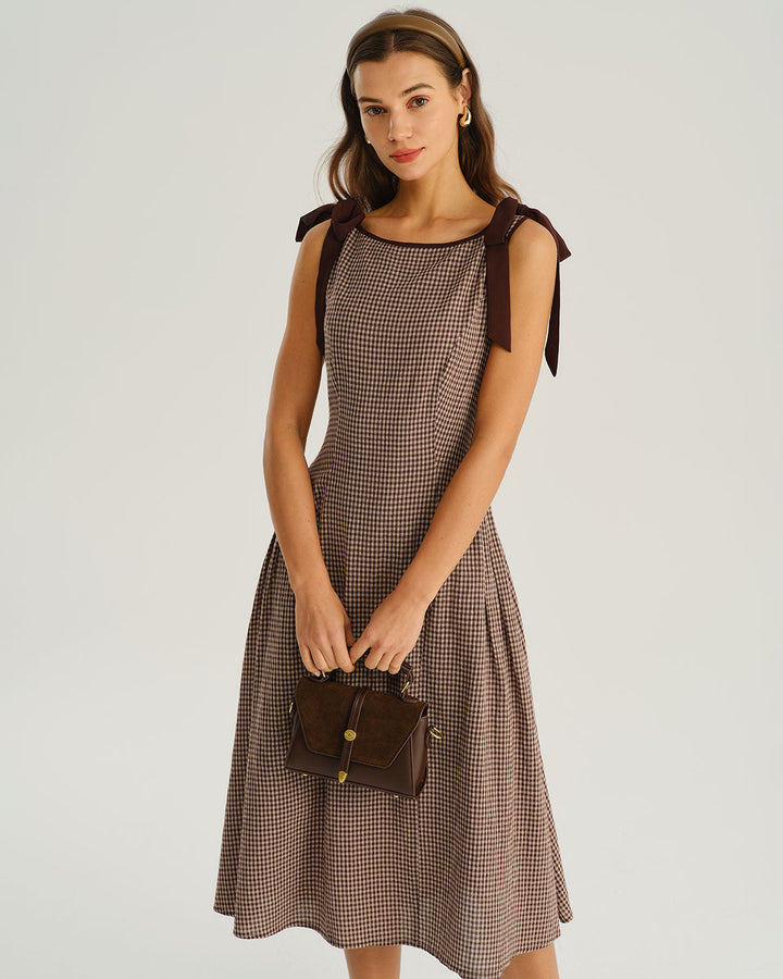 SALE | Brown Plaid Boat Neck A-Line Midi Dress