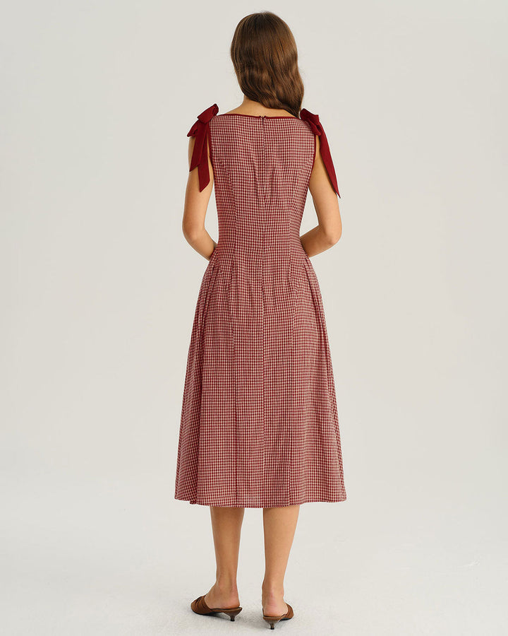 SALE | Red Plaid Tie Strap A-Line Midi Dress