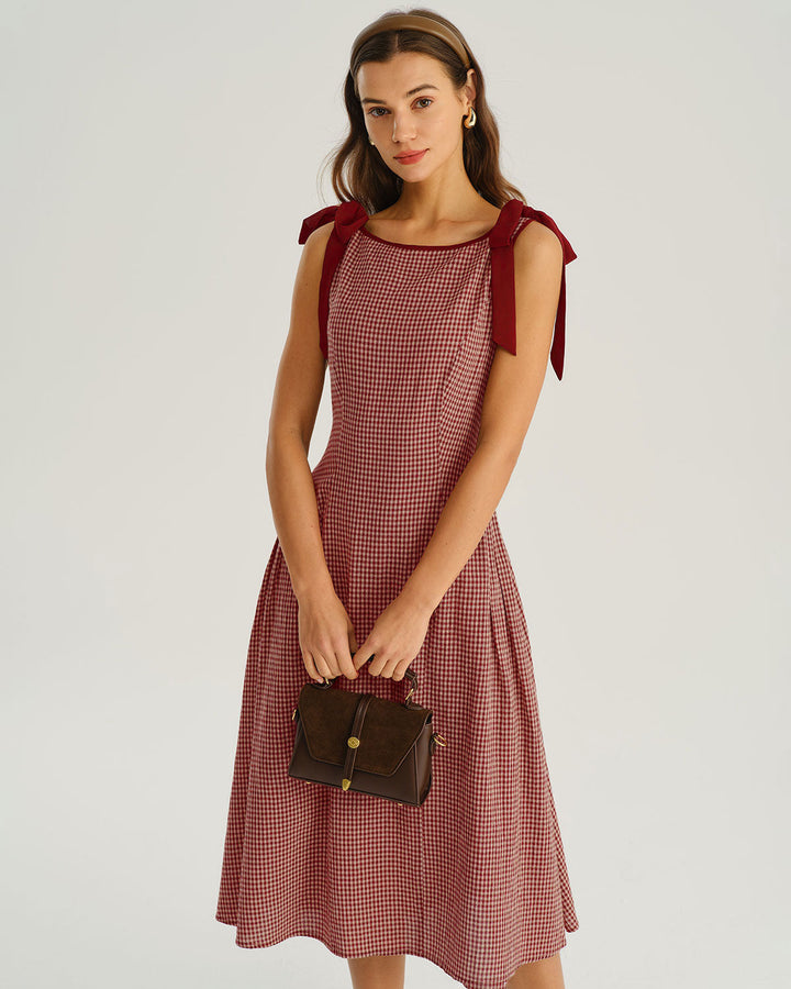 SALE | Red Plaid Tie Strap A-Line Midi Dress