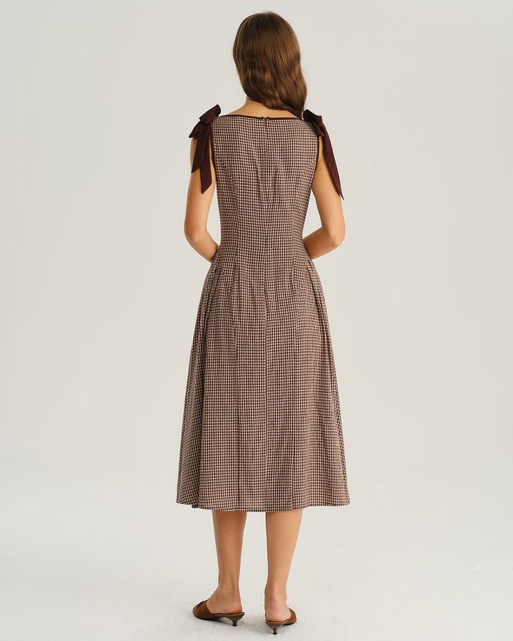 SALE | Brown Plaid Boat Neck A-Line Midi Dress