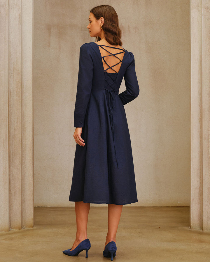 SALE | Navy Square Neck A-Line Midi Dress