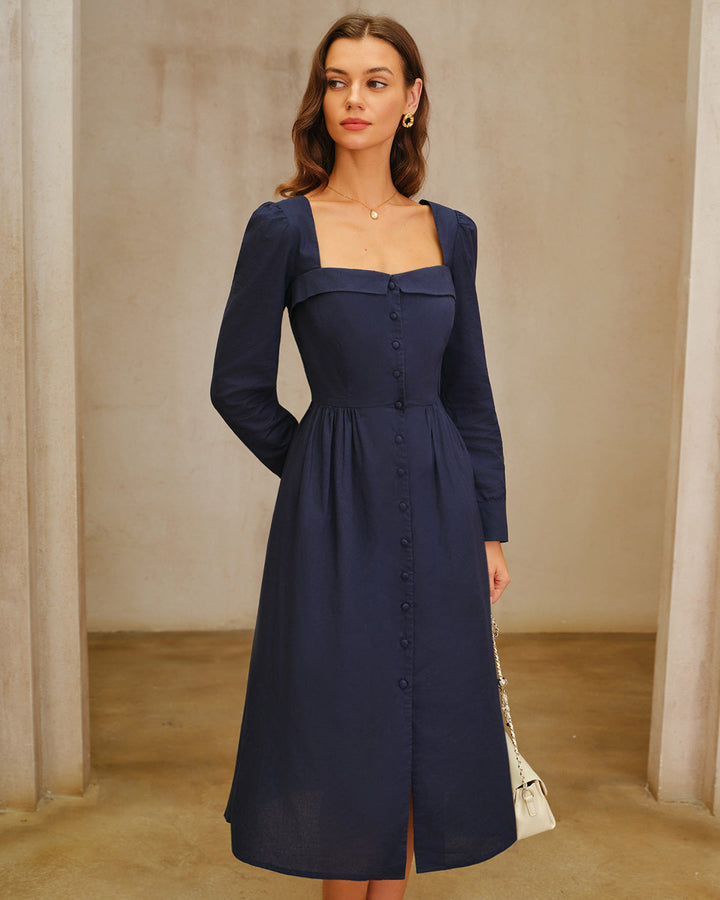 SALE | Navy Square Neck A-Line Midi Dress