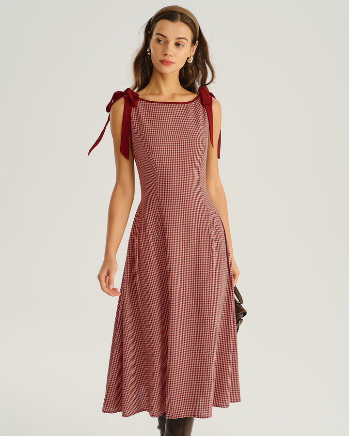 SALE | Red Plaid Tie Strap A-Line Midi Dress