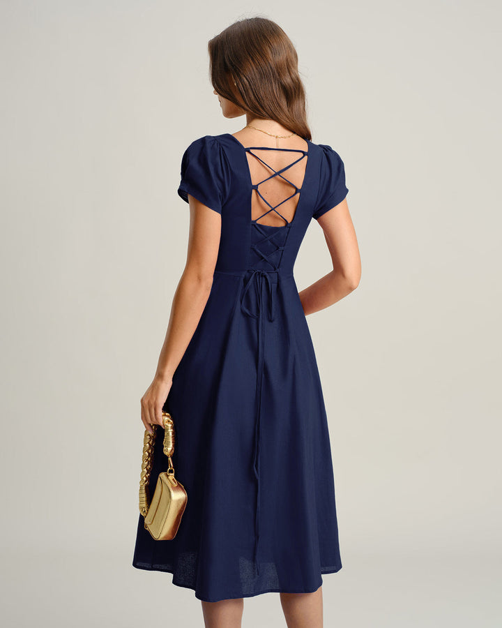SALE | Navy Square Neck A-Line Midi Dress
