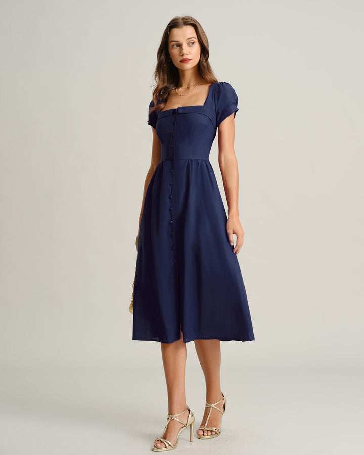 SALE | Navy Square Neck A-Line Midi Dress