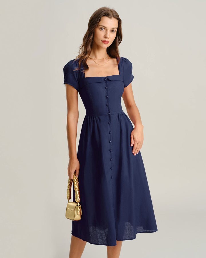 SALE | Navy Square Neck A-Line Midi Dress