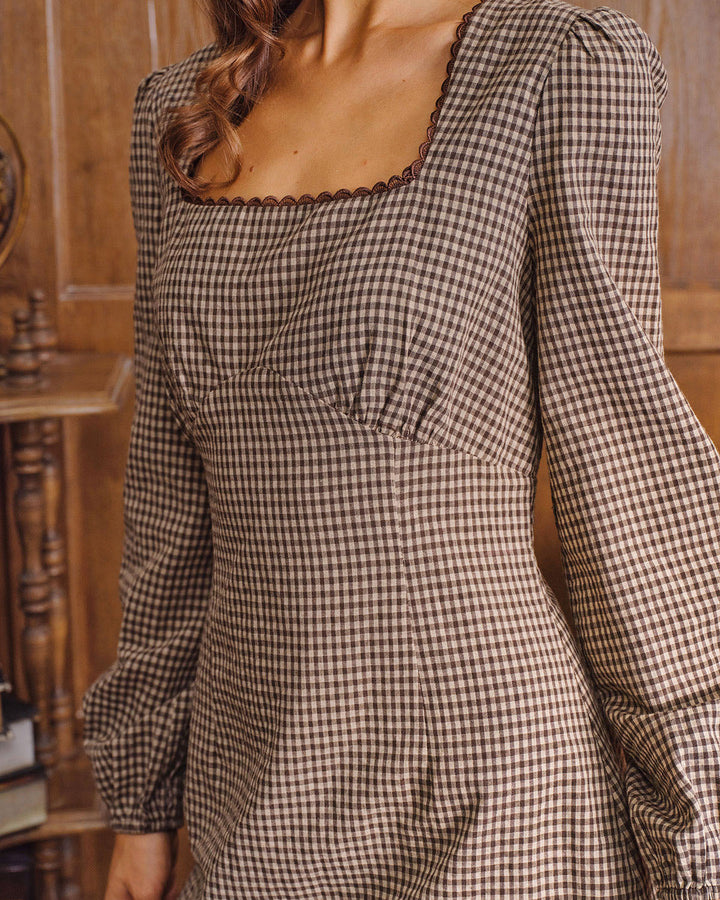 SALE | Brown Plaid Square Neck A-line Mini Dress