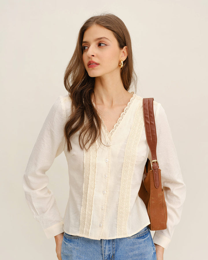 SALE | Apricot V Neck Lace Shirt
