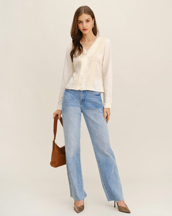 SALE | Apricot V Neck Lace Shirt