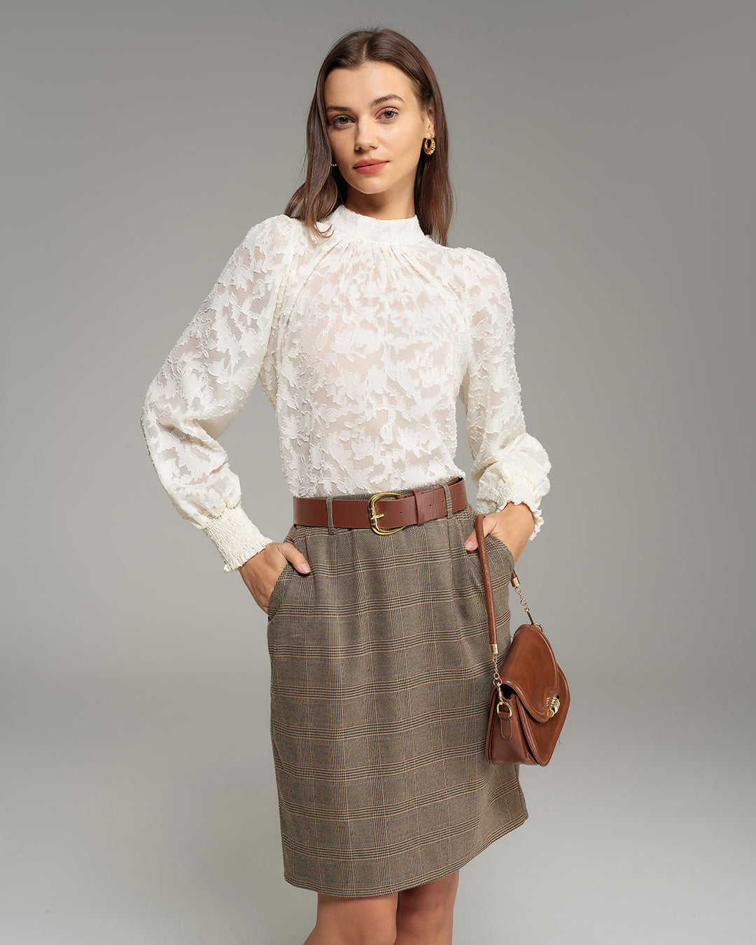 SALE | Apricot Jacquard Mock Neck Blouse