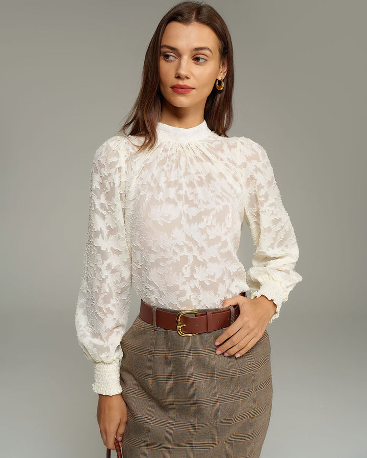 SALE | Apricot Jacquard Mock Neck Blouse