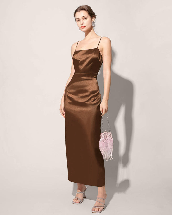SALE | Coffee Satin Slip Maxi Dress