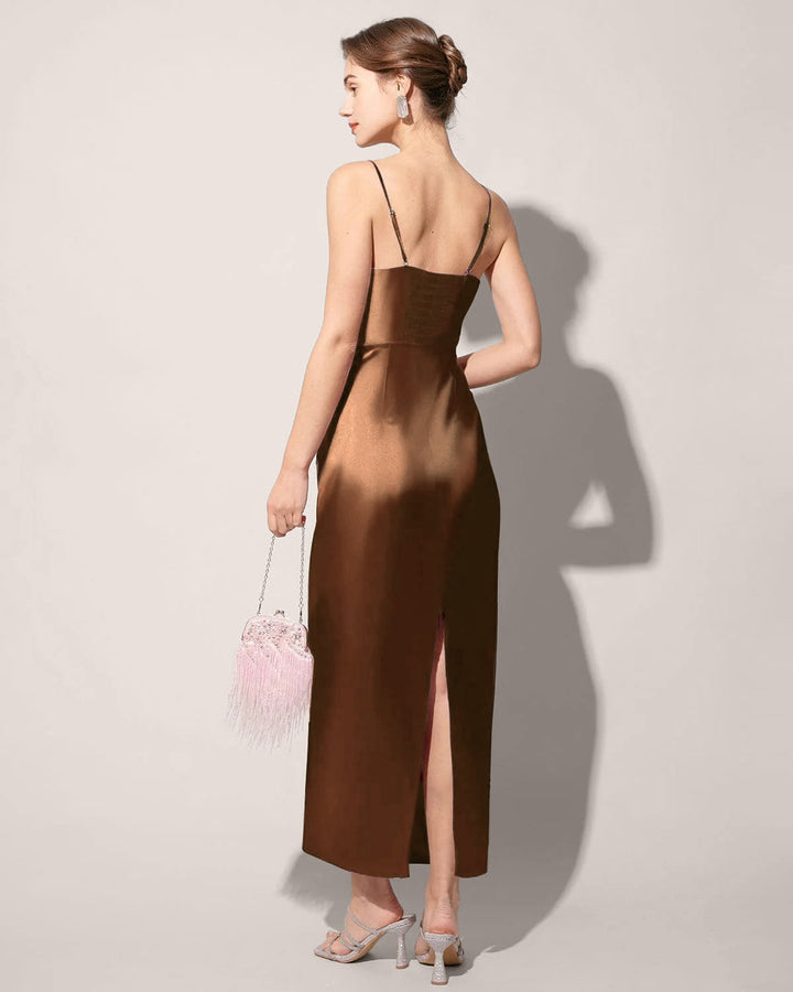 SALE | Coffee Satin Slip Maxi Dress