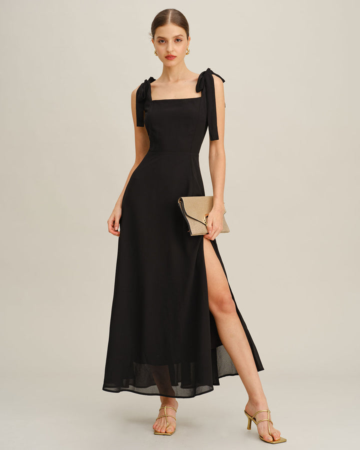 SALE | Black Chiffon Tie Strap Maxi Dress